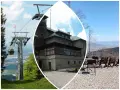 Widok na szlak na Szyndzielnię: kolejka gondolowa, kamienny budynek schroniska i taras z widokiem na góry.
