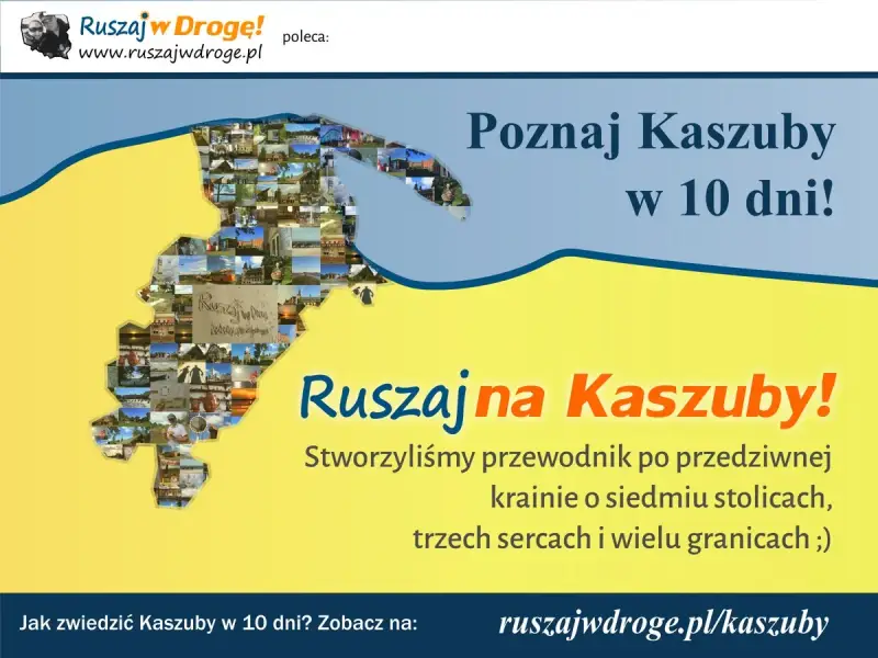 Mapa Kaszub złożona z małych zdjęć zachęca do zwiedzania Kaszub samochodem. Odkryj piękno regionu!